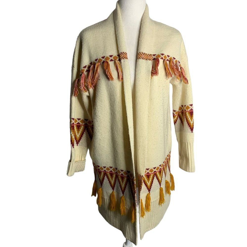 Matilda Jane Gingersnap Cardigan Sweater XS Cream Knit Open Front Tassle Fringe